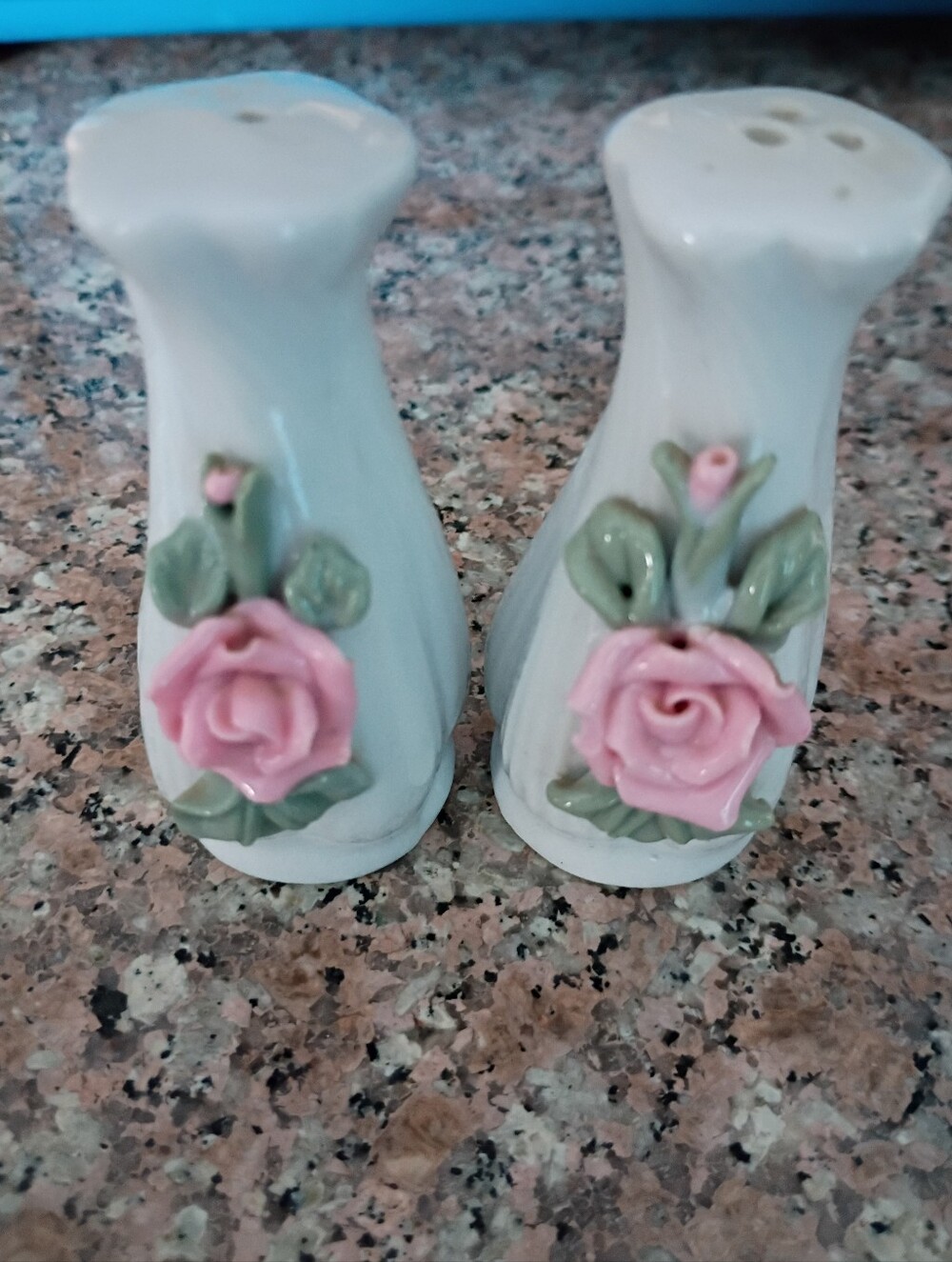 Vintage Raised Pink Rose Salt & Pepper Shakers, White Porcelain, Collegecore